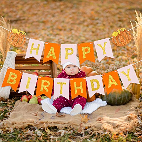 Fall Pumpkin Happy Birthday Banner for Thanksgiving Fall Pumpkin Themed Birthday Party Decorations Supplies