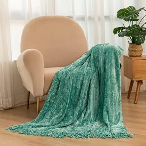 soft textured thick chenille throw blanket with fringe for travel bed sofa and couch, mint 50 x 60 inches