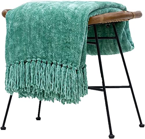 Soft Textured Thick Chenille Throw Blanket with Fringe for Travel Bed Sofa and Couch, Mint 50 x 60 Inches