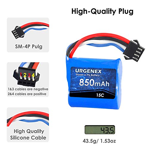 URGENEX Lipo Battery 850mAh 7.4V(2 x 3.7V) RC Boat Battery with SM-4P Plug UDI001 RC Boats Batteries Compatible with RC Boat UDI008