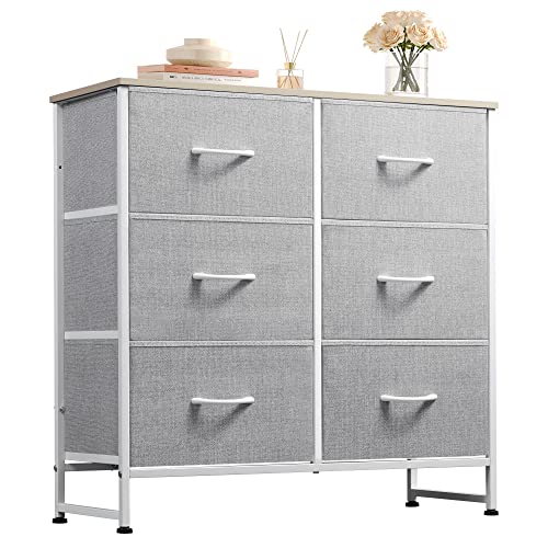 WLIVE Fabric Dresser for Bedroom, 6 Drawer Double Dresser, Storage Tower with Fabric Bins, Chest of Drawers for Kid's Room, Closet, Playroom, Nursery, Dormitory, Light Grey