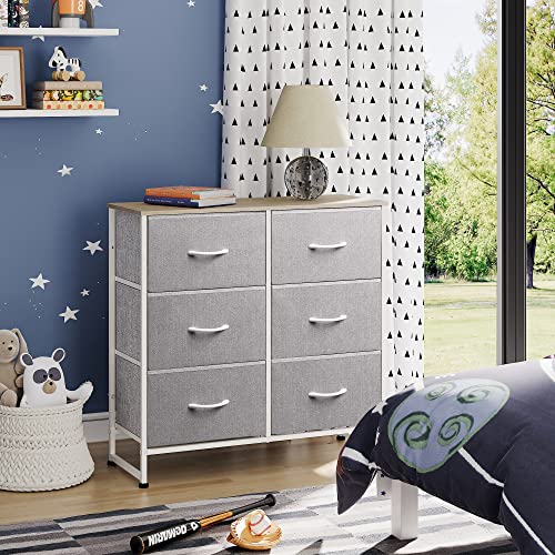 WLIVE Fabric Dresser for Bedroom, 6 Drawer Double Dresser, Storage Tower with Fabric Bins, Chest of Drawers for Kid's Room, Closet, Playroom, Nursery, Dormitory, Light Grey