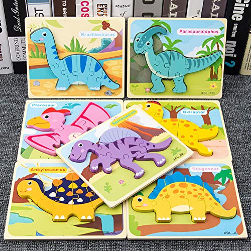 WedFeir Todder Puzzles Set of 6, Dinosaur Wooden Puzzle for Toddler Kids 3+ Year Old, Educational Toys for Preschool Kindergarten Boys and Girls.