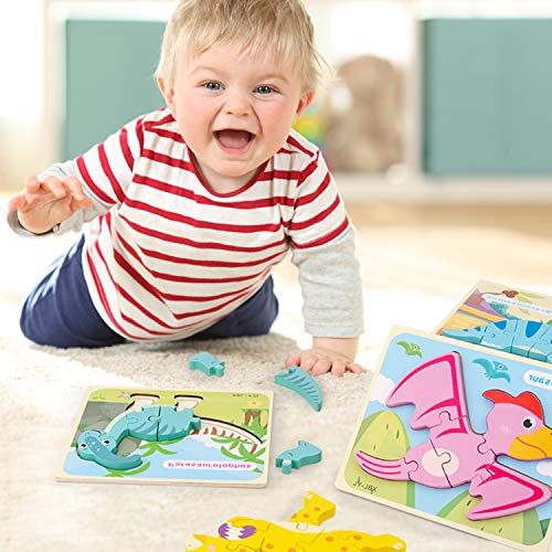 WedFeir Todder Puzzles Set of 6, Dinosaur Wooden Puzzle for Toddler Kids 3+ Year Old, Educational Toys for Preschool Kindergarten Boys and Girls.