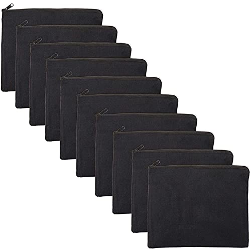 Black Canvas Cotton Bags with Zipper (9.25 x 7 Inches, 10 Pack)