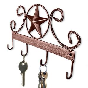 ecorise brown texas country western key holder - rustic wall décor key hanger for home, vintage metal key hangers for wall, star key rack hook wall holders, multiple hooks for keys (brown)