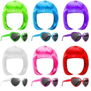 6 pieces party wigs and sunglasses set include neon short bob wig colorful sunglasses cosplay wig daily party hairpieces for halloween party supplies
