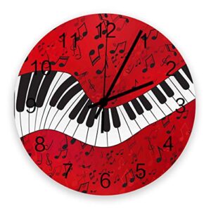 round wall silence clock music musical notes with piano decorative non-ticking battery operated clock red white wooden wall decor clock for bedroom living room home office school