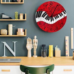 Round Wall Silence Clock Music Musical Notes with Piano Decorative Non-Ticking Battery Operated Clock Red White Wooden Wall Decor Clock for Bedroom Living Room Home Office School