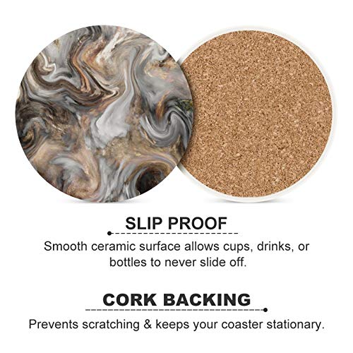 Deco4URLife Set of 4 Absorbent Round Coasters for Drinks 4 inch - Ceramic Stone Cup Mat Water Absorb Spill Coaster with Non-Slip Cork Backing for Mugs and Cups - Sand Brown Dust Light Grey Marble