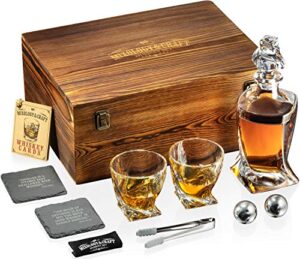 mixology glass & whiskey stones set – two 10oz glasses w/ 2 stainless steel balls, decanter & wooden box