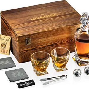 Mixology Glass & Whiskey Stones Set – two 10oz Glasses w/ 2 Stainless Steel Balls, Decanter & Wooden Box