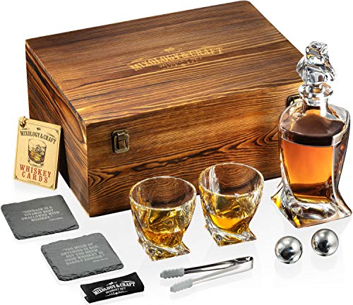 Mixology Glass & Whiskey Stones Set – two 10oz Glasses w/ 2 Stainless Steel Balls, Decanter & Wooden Box