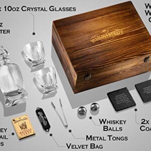 Mixology Glass & Whiskey Stones Set – two 10oz Glasses w/ 2 Stainless Steel Balls, Decanter & Wooden Box