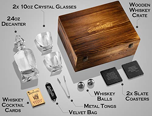 Mixology Glass & Whiskey Stones Set – two 10oz Glasses w/ 2 Stainless Steel Balls, Decanter & Wooden Box