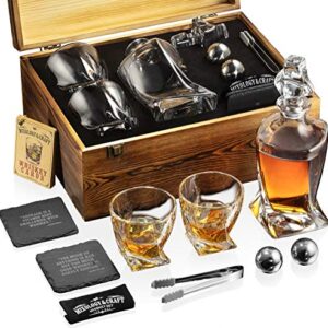 Mixology Glass & Whiskey Stones Set – two 10oz Glasses w/ 2 Stainless Steel Balls, Decanter & Wooden Box