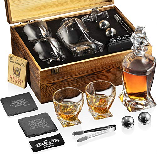 Mixology Glass & Whiskey Stones Set – two 10oz Glasses w/ 2 Stainless Steel Balls, Decanter & Wooden Box