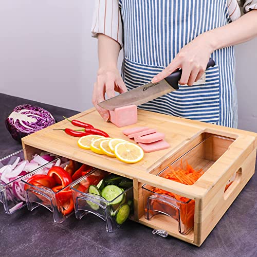 Bamboo Cutting Boards with Containers for Kitchen, Large Multifunctional Chopping Boards Set with Trays and Splash-proof Juice Groove Butcher Block for Quick Food-prep/Storage, 4 Graters & 6 Bowl Lids