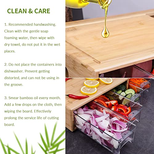 Bamboo Cutting Boards with Containers for Kitchen, Large Multifunctional Chopping Boards Set with Trays and Splash-proof Juice Groove Butcher Block for Quick Food-prep/Storage, 4 Graters & 6 Bowl Lids