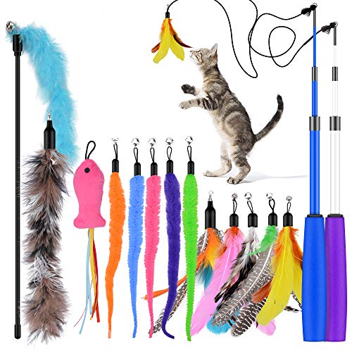 Oziral Cat Teaser, 15PCS Retractable Cat Toy Feather Teaser Cat Toy Cat Wand Feather Interactive Toys with Bells and Feather Refills Set for Indoor Cat and Kitten Exercise