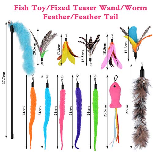 Oziral Cat Teaser, 15PCS Retractable Cat Toy Feather Teaser Cat Toy Cat Wand Feather Interactive Toys with Bells and Feather Refills Set for Indoor Cat and Kitten Exercise