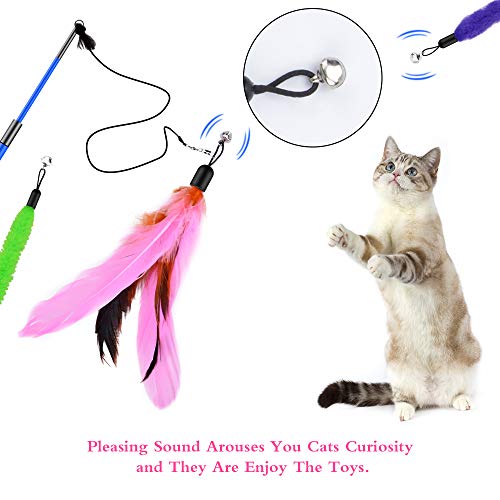 Oziral Cat Teaser, 15PCS Retractable Cat Toy Feather Teaser Cat Toy Cat Wand Feather Interactive Toys with Bells and Feather Refills Set for Indoor Cat and Kitten Exercise