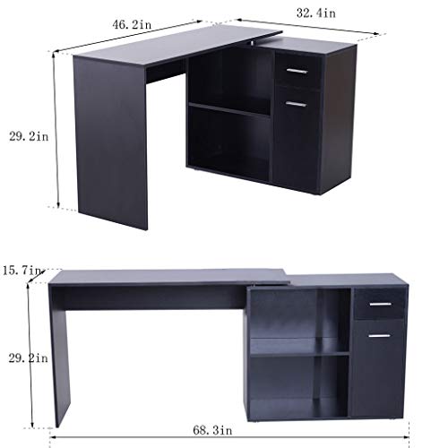 L Shaped Corner Computer Desk, Home Office Desk Computer Table Writing Desk with Storage Shelves, Wooden Table for Home Office (Black)