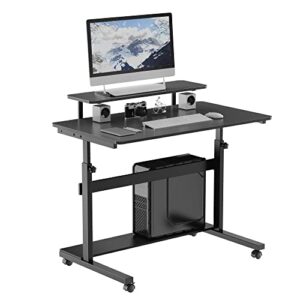 eureka ergonomic mobile height adjustable standing desk,41 inch rolling stand up computer workstation with monitor shelf, portable home office desk with wheels,cpu stand & detachable hutch, black