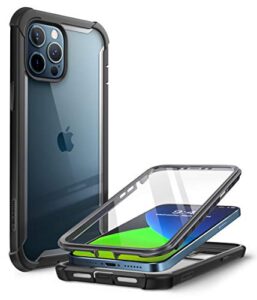 i-blason ares case for iphone 12 pro max 6.7 inch (2020 release), dual layer rugged clear bumper case with built-in screen protector (black)