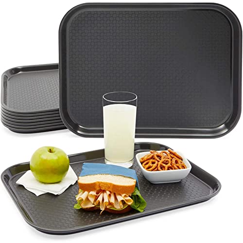 8 Pack Plastic Nonslip Serving Tray for Cafeteria, School Lunch, Fast Food, Restaurant, Black (12 x 16 in)