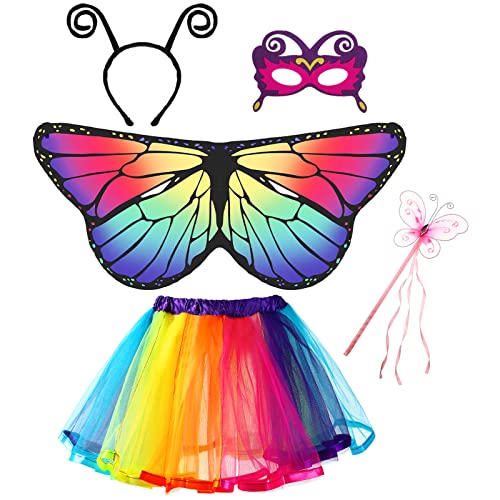 Kids Butterfly Costume Rainbow Tutu Dress for Girls, Eye Covering, Antenna Headband Fairy Wand for Christmas Girls Gift Party (Multicolor)