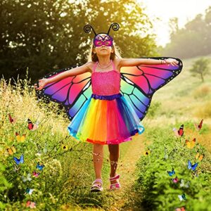 Kids Butterfly Costume Rainbow Tutu Dress for Girls, Eye Covering, Antenna Headband Fairy Wand for Christmas Girls Gift Party (Multicolor)