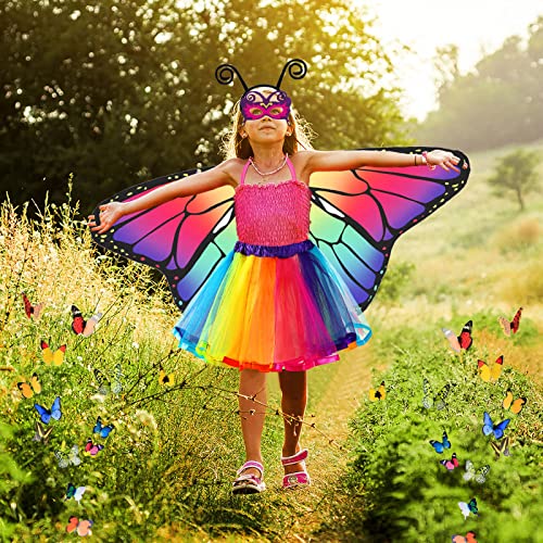 Kids Butterfly Costume Rainbow Tutu Dress for Girls, Eye Covering, Antenna Headband Fairy Wand for Christmas Girls Gift Party (Multicolor)