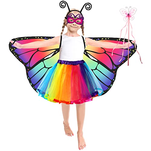 Kids Butterfly Costume Rainbow Tutu Dress for Girls, Eye Covering, Antenna Headband Fairy Wand for Christmas Girls Gift Party (Multicolor)