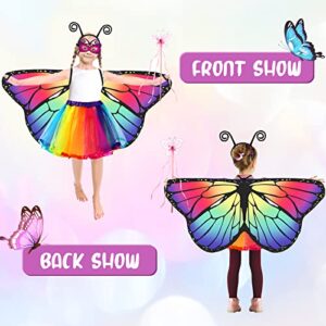 Kids Butterfly Costume Rainbow Tutu Dress for Girls, Eye Covering, Antenna Headband Fairy Wand for Christmas Girls Gift Party (Multicolor)