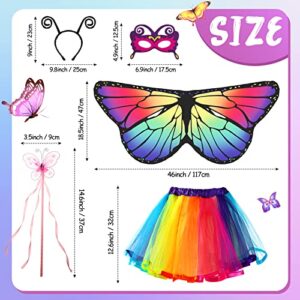 Kids Butterfly Costume Rainbow Tutu Dress for Girls, Eye Covering, Antenna Headband Fairy Wand for Christmas Girls Gift Party (Multicolor)