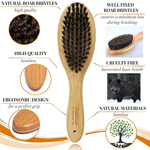 Patina Dog Cat Brush for Shedding, Natural Bamboo Boar Bristles Brush, Pet Grooming Supplies for Short and Long Haired Dogs Cats, Gentle Easy Grooming Massage, Japanese design