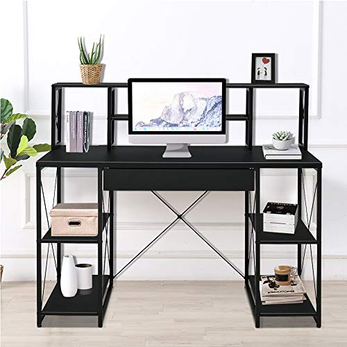 SSLine Black Computer Desk with Hutch and Storage Drawer Wood&Metal Home Study Writing Table w/Open Shelves Modern Simple PC Laptop Desk Office Workstation for Small Space