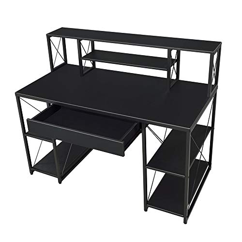 SSLine Black Computer Desk with Hutch and Storage Drawer Wood&Metal Home Study Writing Table w/Open Shelves Modern Simple PC Laptop Desk Office Workstation for Small Space