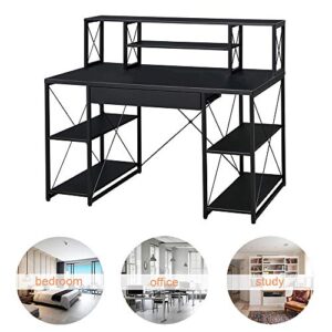 SSLine Black Computer Desk with Hutch and Storage Drawer Wood&Metal Home Study Writing Table w/Open Shelves Modern Simple PC Laptop Desk Office Workstation for Small Space