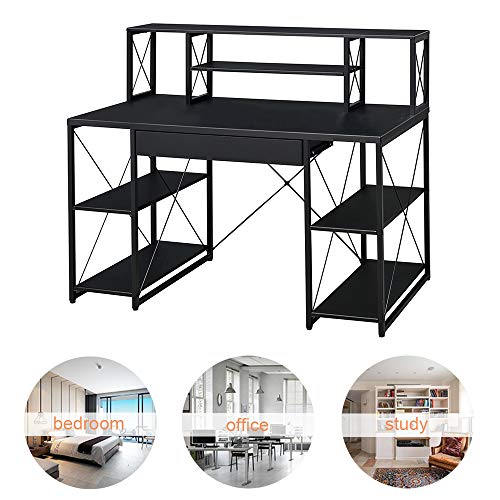 SSLine Black Computer Desk with Hutch and Storage Drawer Wood&Metal Home Study Writing Table w/Open Shelves Modern Simple PC Laptop Desk Office Workstation for Small Space