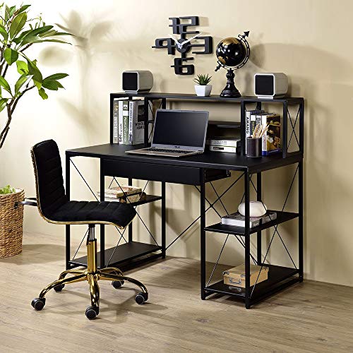 SSLine Black Computer Desk with Hutch and Storage Drawer Wood&Metal Home Study Writing Table w/Open Shelves Modern Simple PC Laptop Desk Office Workstation for Small Space