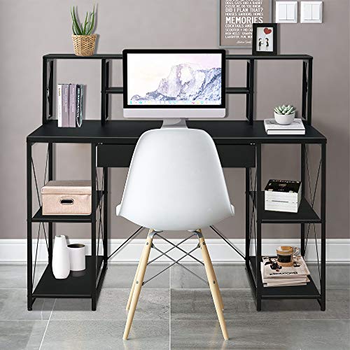 SSLine Black Computer Desk with Hutch and Storage Drawer Wood&Metal Home Study Writing Table w/Open Shelves Modern Simple PC Laptop Desk Office Workstation for Small Space