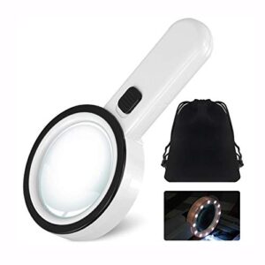 leffis magnifier magnifying glass with light, 30x handheld 12 led illuminated lighted magnifying glasses for seniors & kids close work, reading, inspection, jewellery (white)