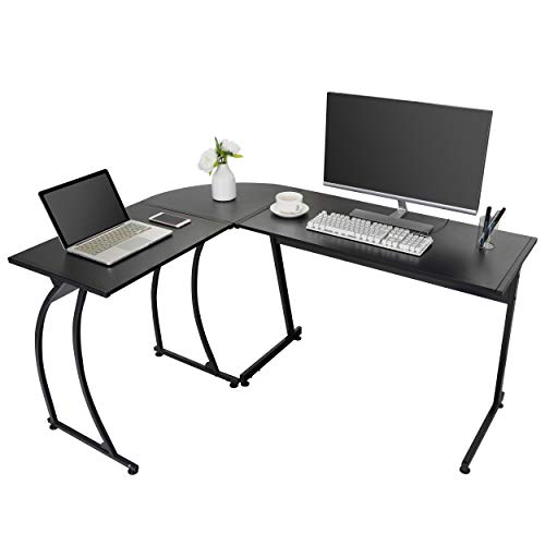 BBBuy L-Shaped Corner Computer Desk Home Office PC Laptop Gaming Workstation with Steel Frame/Stand, Black