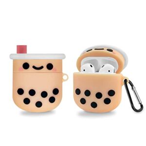 wqnide case compatible with airpods 1/2, premium cute boba milk tea cartoon character upgrade 3d silicone cover anti-lost anti fall with keychain 360°waterproof suitable for girls boys teens