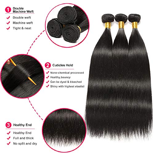 Brazilian Straight Hair Bundles 10A Straight Bundles 100% Unprocessed Virgin Hair Straight Human Hair Bundles Remy Hair 3 Bundles Natural Color (14 16 18)