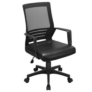 yaheetech ergonomic office chair leather seat and mesh back combine computer chair executive chair mid-back rolling swivel chair w/lumbar support and armrests adjustable height for office，black