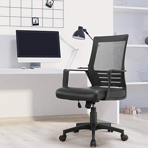 Yaheetech Ergonomic Office Chair Leather Seat and Mesh Back Combine Computer Chair Executive Chair Mid-Back Rolling Swivel Chair w/Lumbar Support and Armrests Adjustable Height for Office，Black