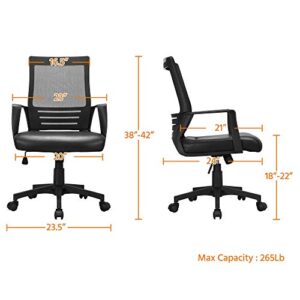 Yaheetech Ergonomic Office Chair Leather Seat and Mesh Back Combine Computer Chair Executive Chair Mid-Back Rolling Swivel Chair w/Lumbar Support and Armrests Adjustable Height for Office，Black